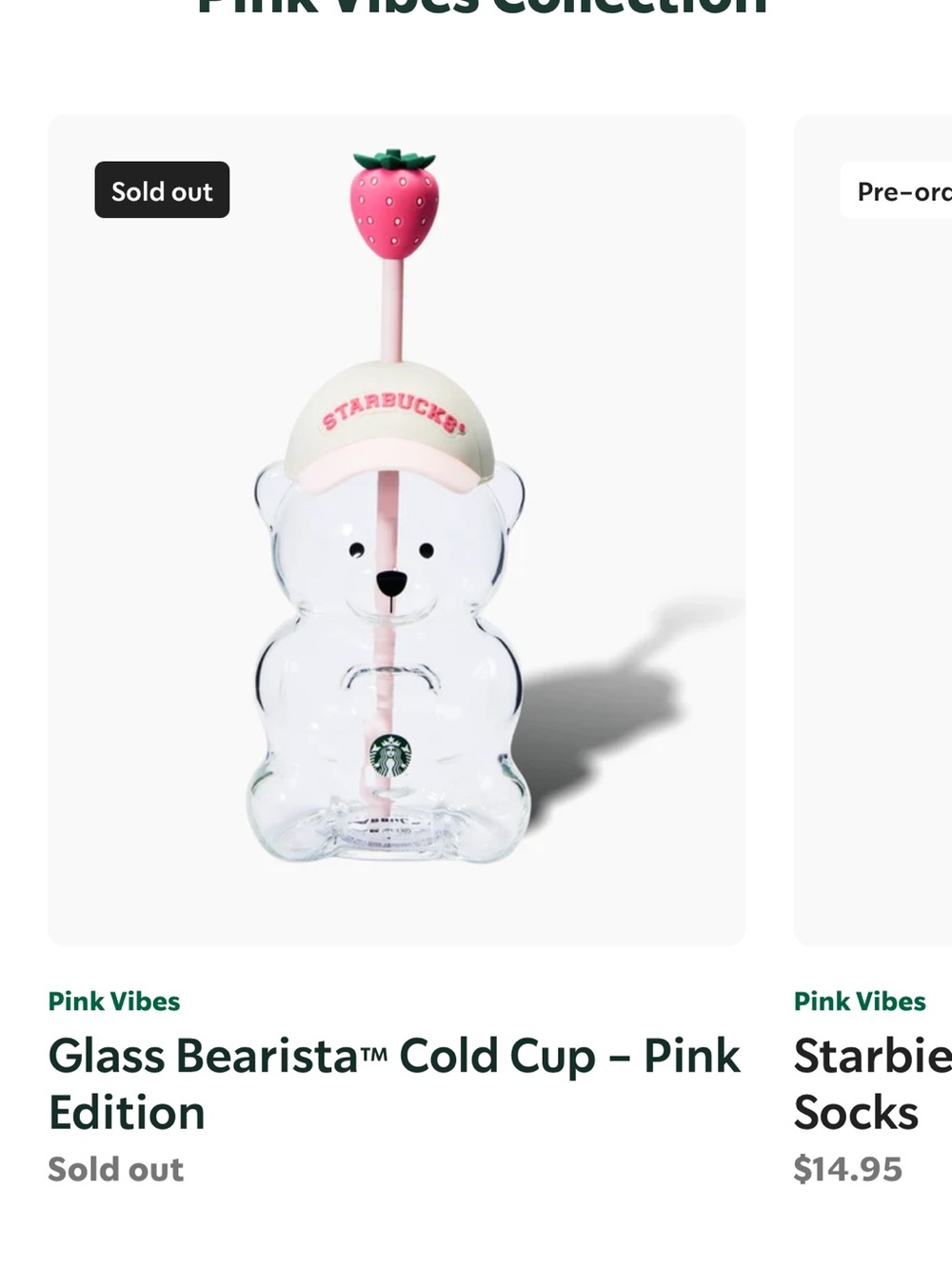 Starbucks Pink Bear-Shaped Glass Kids Cold Cup with Strawberry Straw